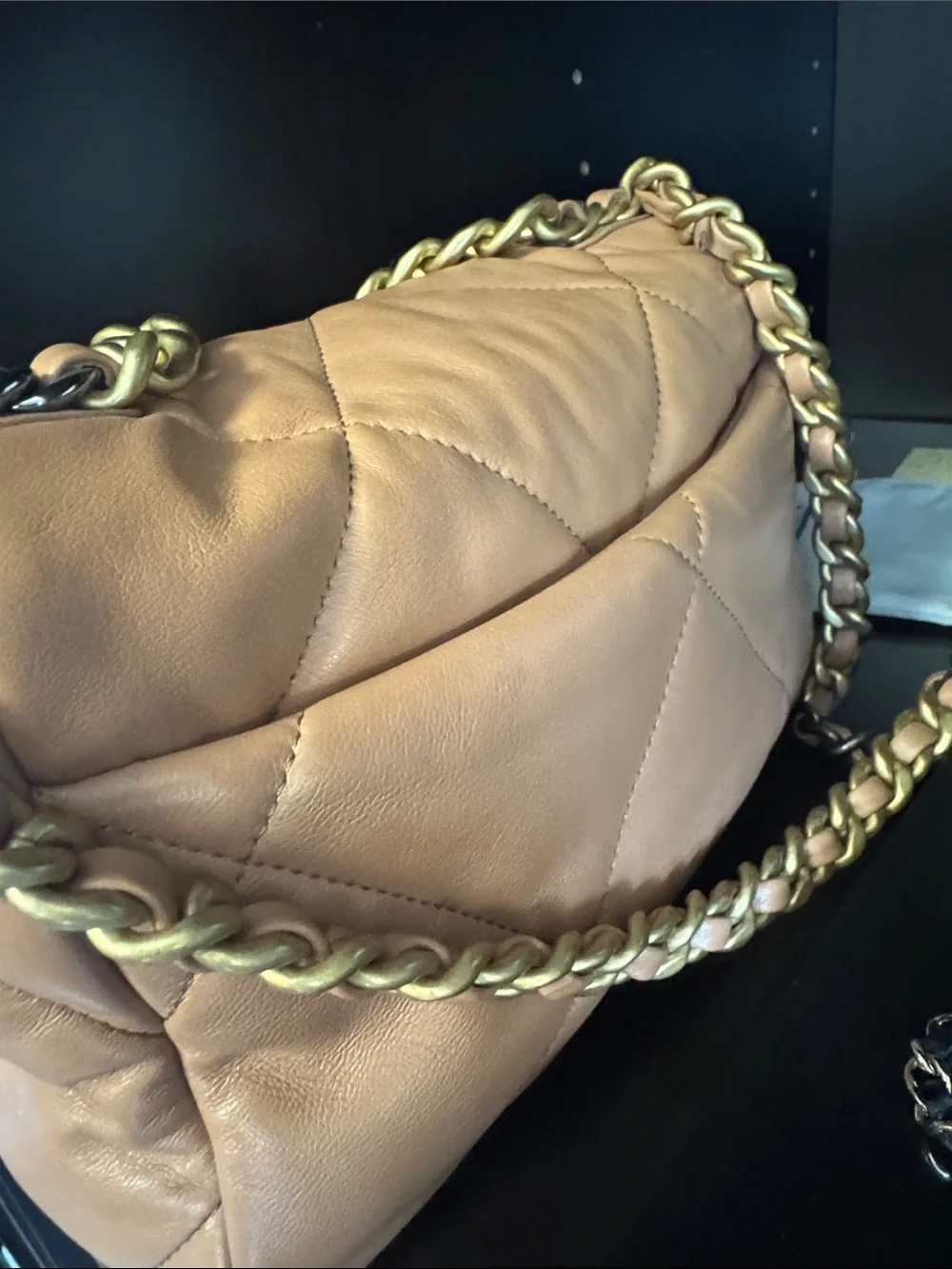 CHANEL Carmel Chanel 19 Quilted Lambskin Shoulder Bag